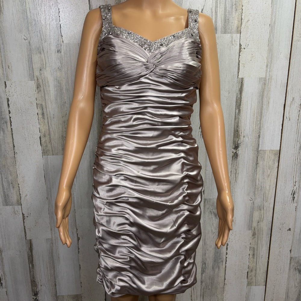 Cachet‎ Holden Beige Ruched Beaded Neckline Dress